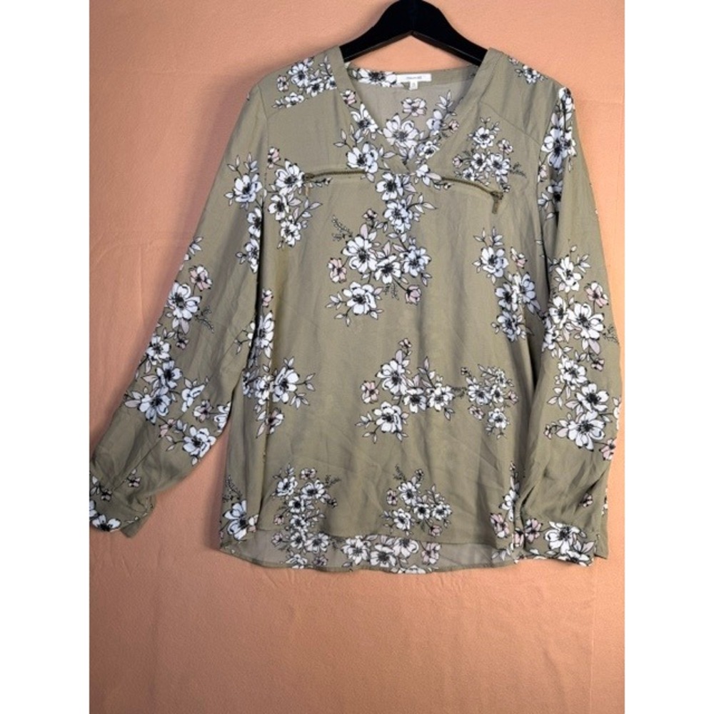 Maurices Women's Size 0 Olive Green Floral Zip Front Long Sleeve Blouse